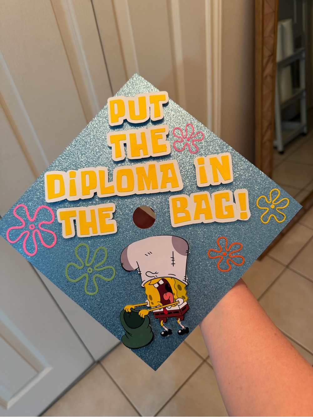 SpongeBob Graduation Cap Topper - Blue Glitter "Put the Diploma in the Bag!"